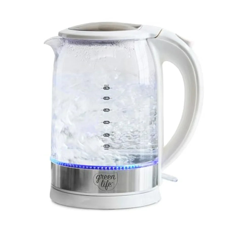1.7 Liter Glass Electric Kettle for Coffee and Tea White One Touch Use Quick Heating Filtered Spout LED Base Auto Shut-Off Cord
