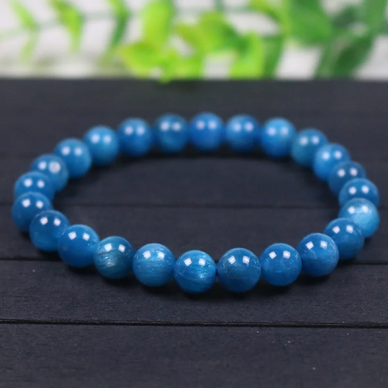 Natural Blue Apatite Round Bead Bracelet Single Loop Crystal Stretch Bangle Men Women Gemstone Jewelry