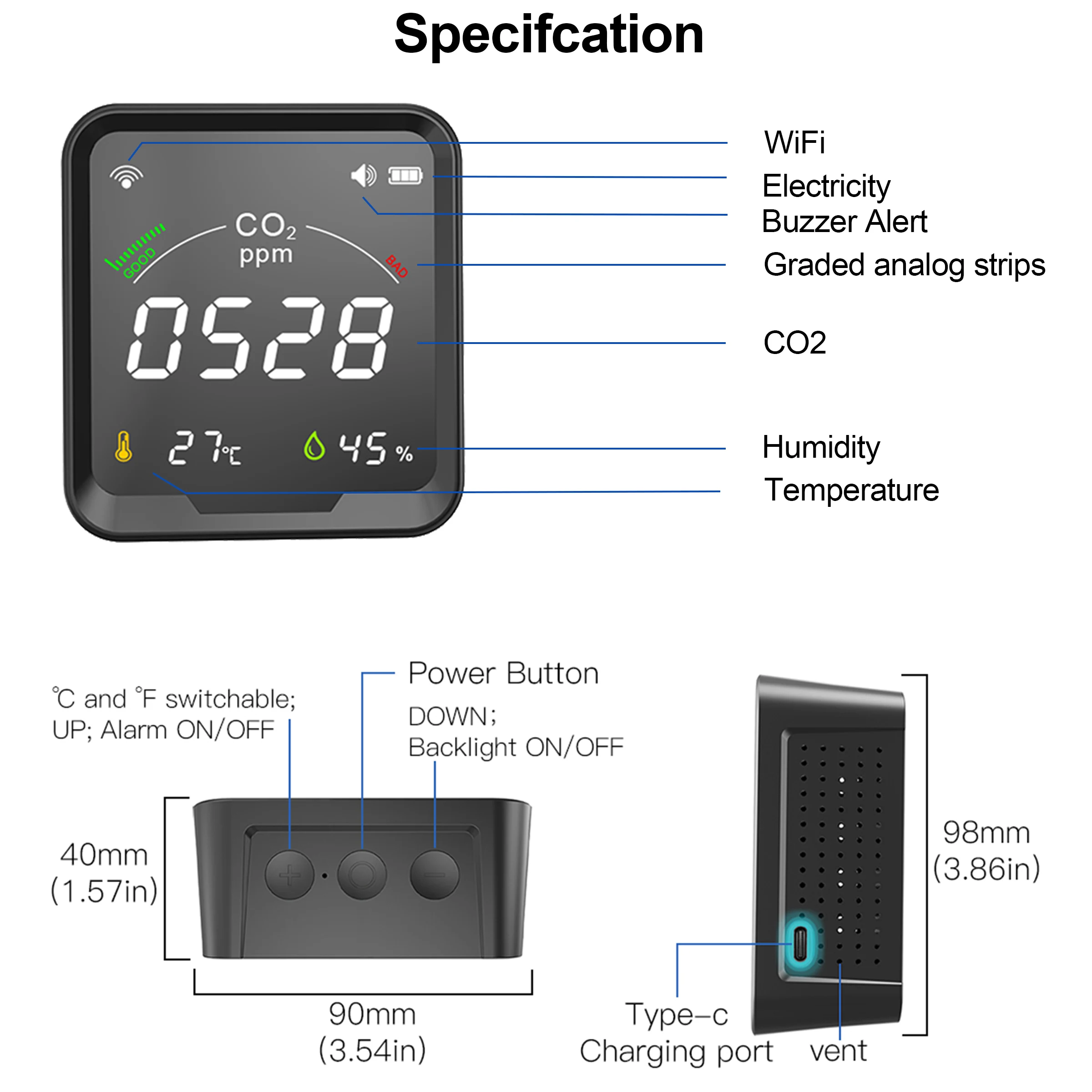 Nowy inteligentny czujnik CO2 GIRIER Tuya Inteligentny miernik dwutlenku węgla Monitor z czujnikiem temperatury i wilgotności z ekranem LCD 3 w 1