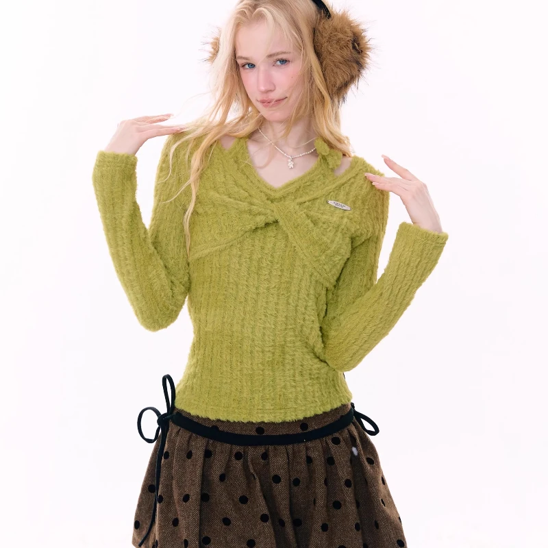 2025 خريف شتاء جديد تويست التخسيس المرأة قاع قميص علوي الأمريكية الرجعية تصميم الرسن بلوفر مغزول البلوزات السيدات #5