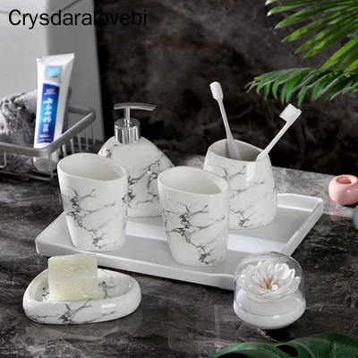 Bathroom Accessories Set Lmitation Marble Pattern Bathroom Kit Dental Cylinder Wash Kit Melamine tray Cotton Swab Box