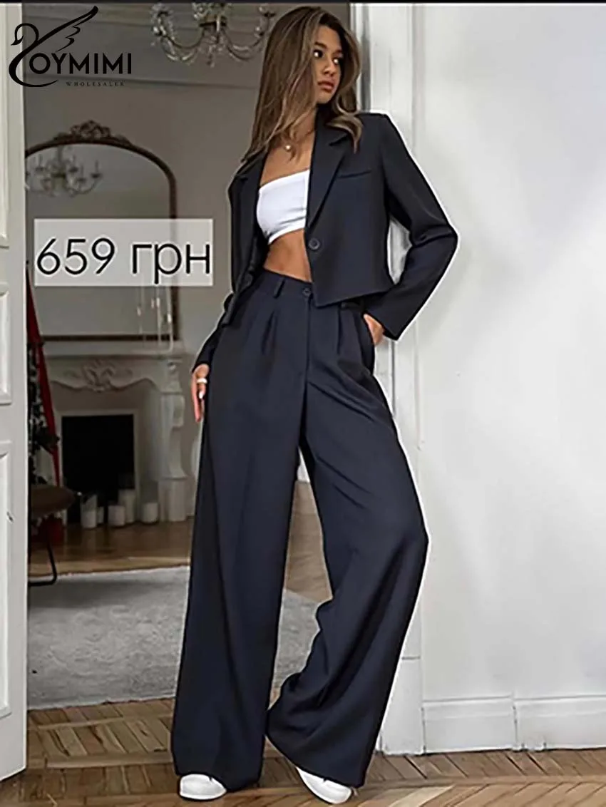 

Oymimi Fashion Black Blue Two Piece Set For Women Elegant Long Sleeve Single Button Blazers And Straight Simple Trousers Sets