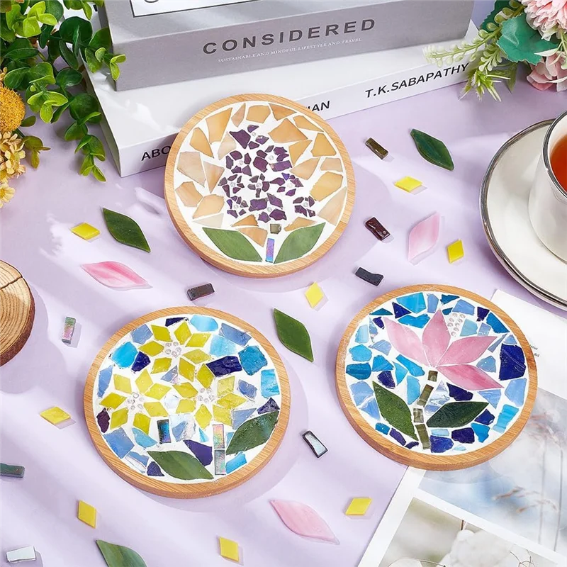 DIY Mosaic Craft Set 3 Sets Floral Bamboo Coasters Set With Round Coaster Base Handmade Coasters Home Furnishing