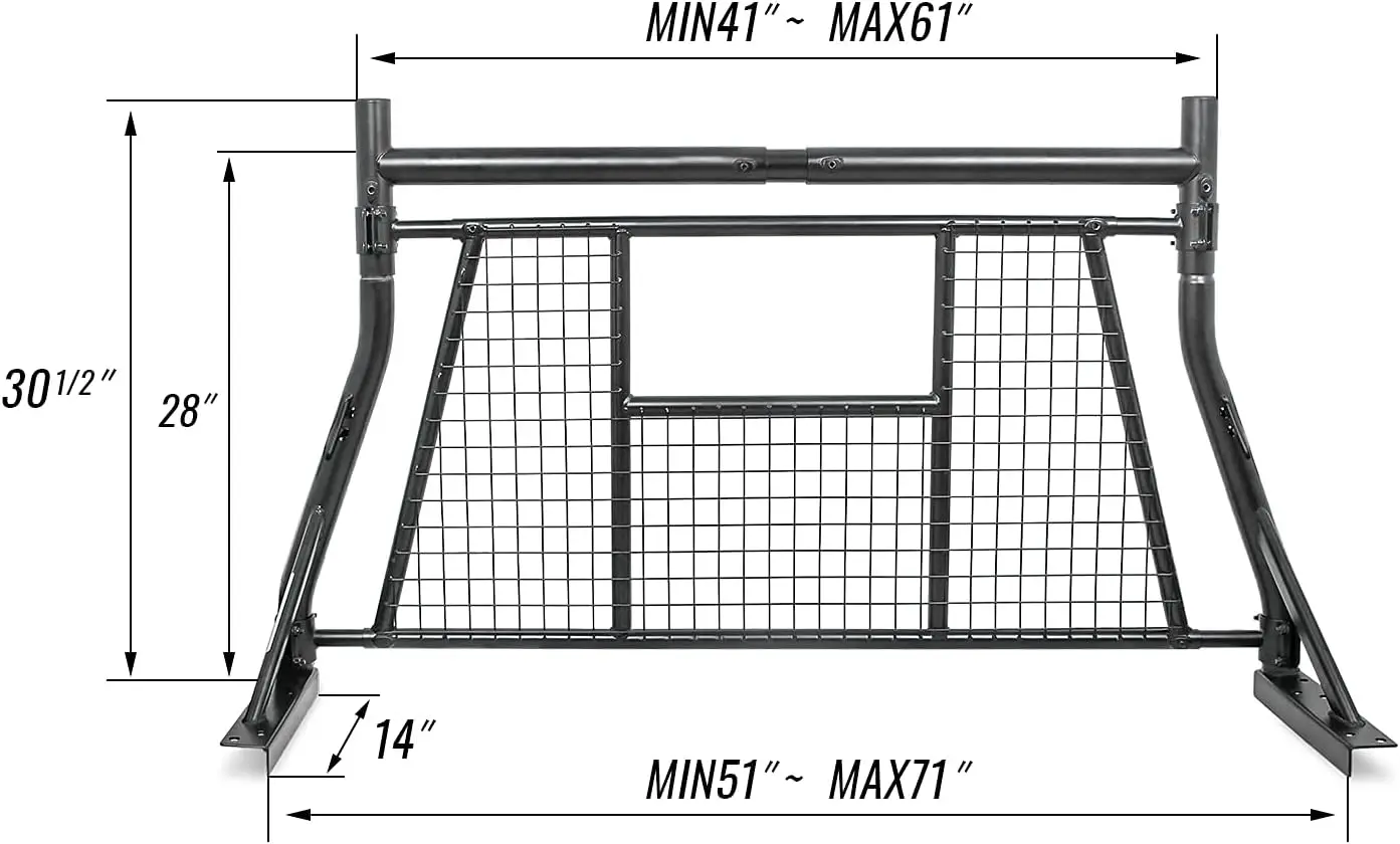 Extendable Pick-up Truck Rack with Protective Screen - Steel, Black, 800 LB Capacity