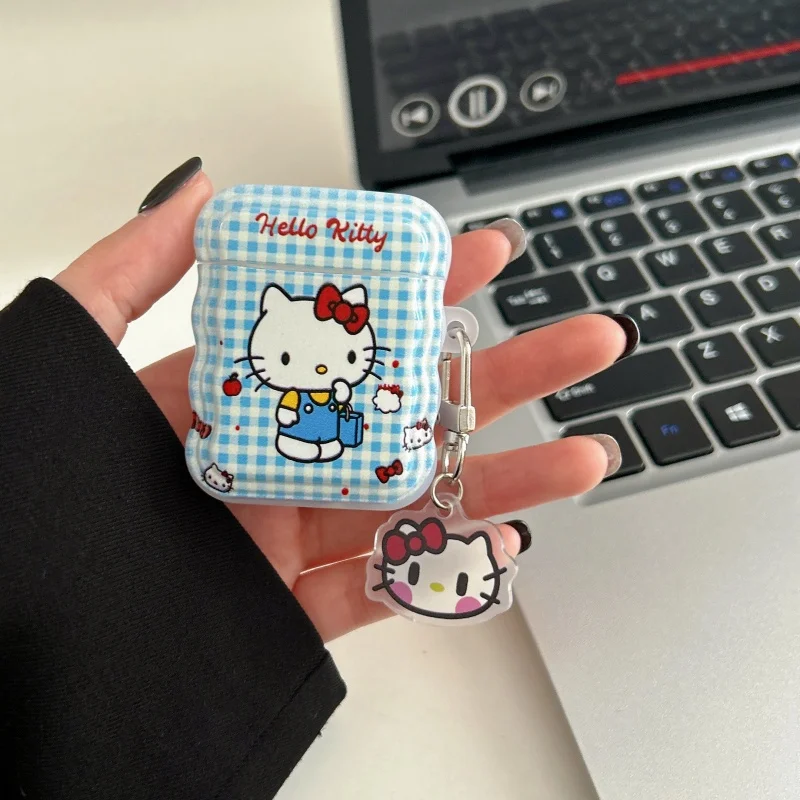 Cute Cartoon Small Fresh Blue Grid Hello Kitty Headphone Case For AirPods 4 2 3 1 Pro 2 3 Wireless Bluetooth Headphone Case view 5