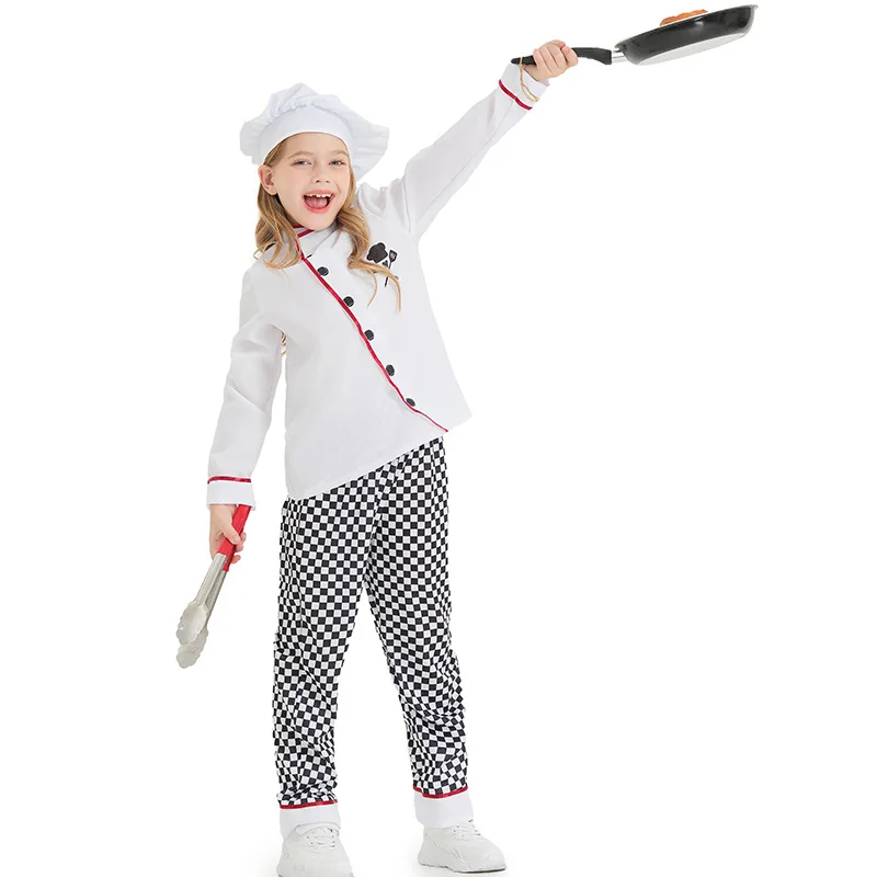 

Kids Halloween Cosplay Costumes Kids Fun Kitchen Chef Bakers Uniform Top+Pant+Hat Set Kitchen Suit Boys Girls Carnival Costume