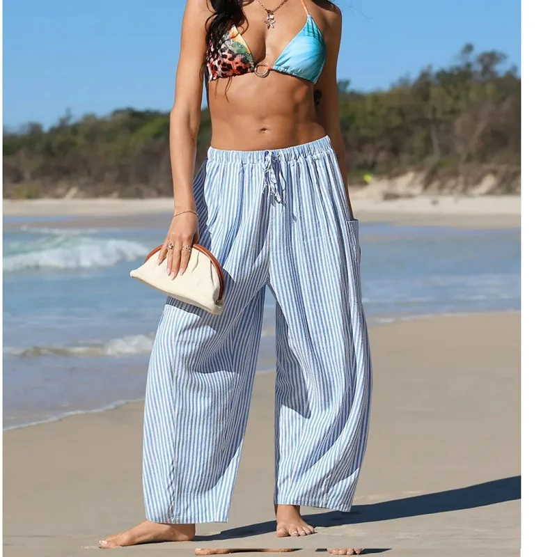 Women Y2k Vintage Capri Pants Wide Leg Pants Vintage Elastic High Waist Lace Trim Loose Pants Trousers Streetwear
