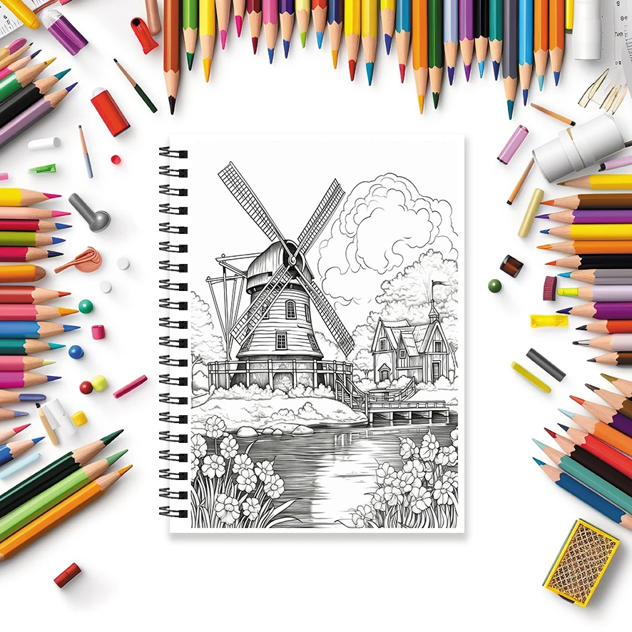 Libro da colorare per adulti Windmill - 8,3 x 11,2 pollici Libro da colorare da 32 pagine - Aiuta a ridurre lo stress e allevia le emozioni