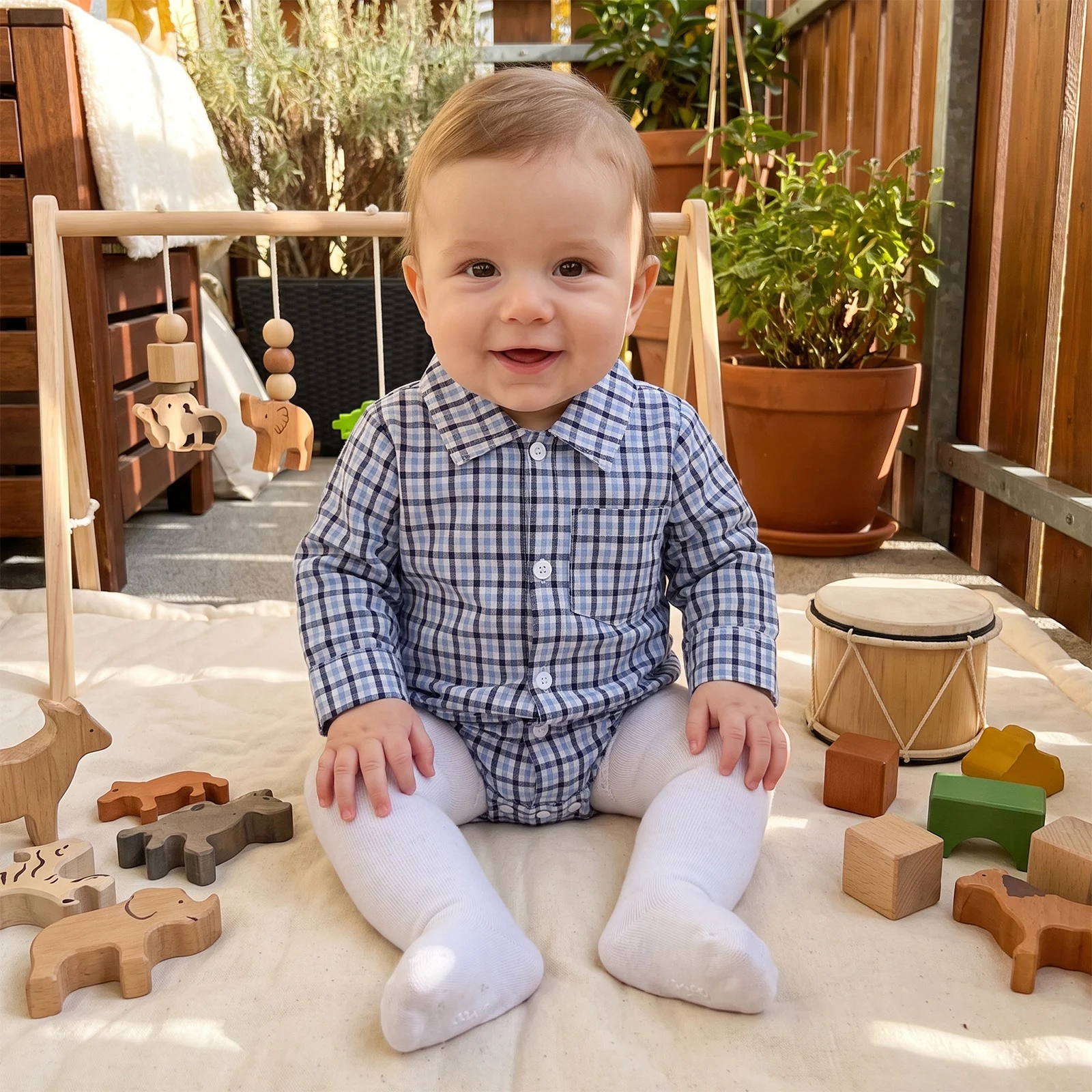 Baby Boys Fall Plaid Romper Long Sleeve Lapel Button Down Bodysuit