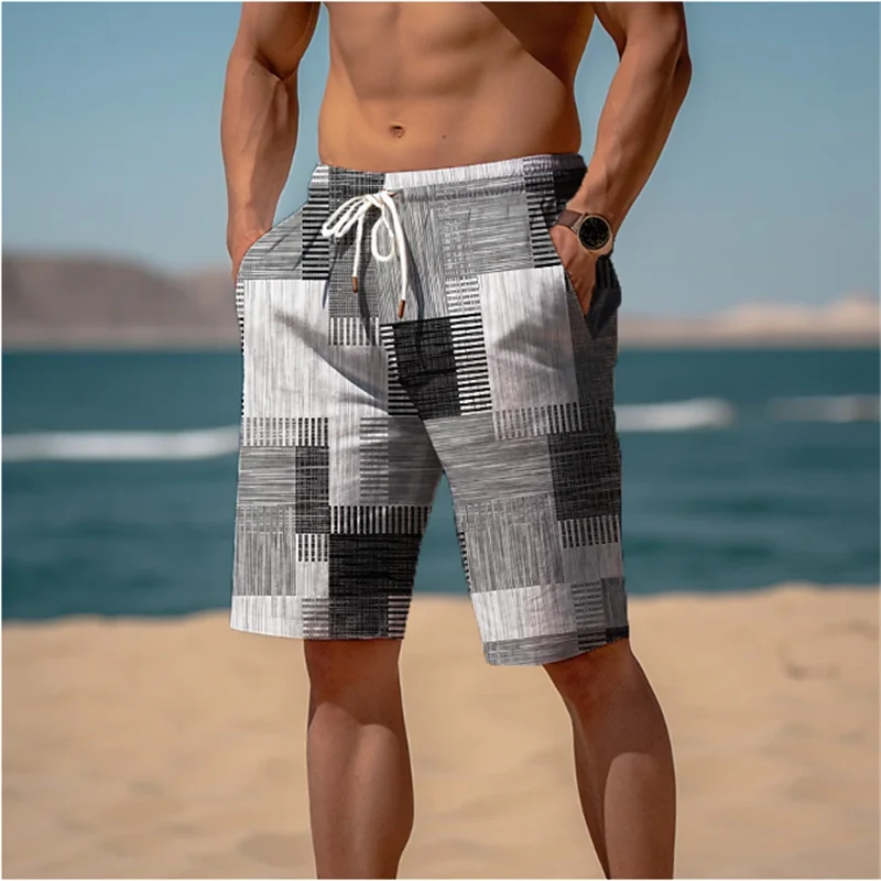 

Vintage Patchwork Pattern Beach Short For Men Fashion Casual Summer 3D Fake Cloth Printed Swim Trunks Loose Street Short Pants