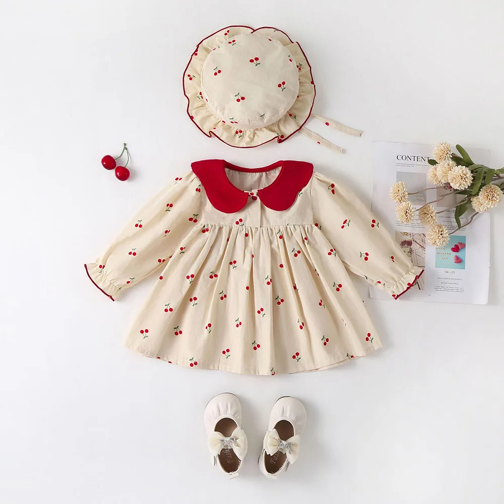 0-2Y Baby Girls Clothes Full Of Cherry Print Baby Dress Long Sleeve Cherry Dresses Runched Dress with Hat