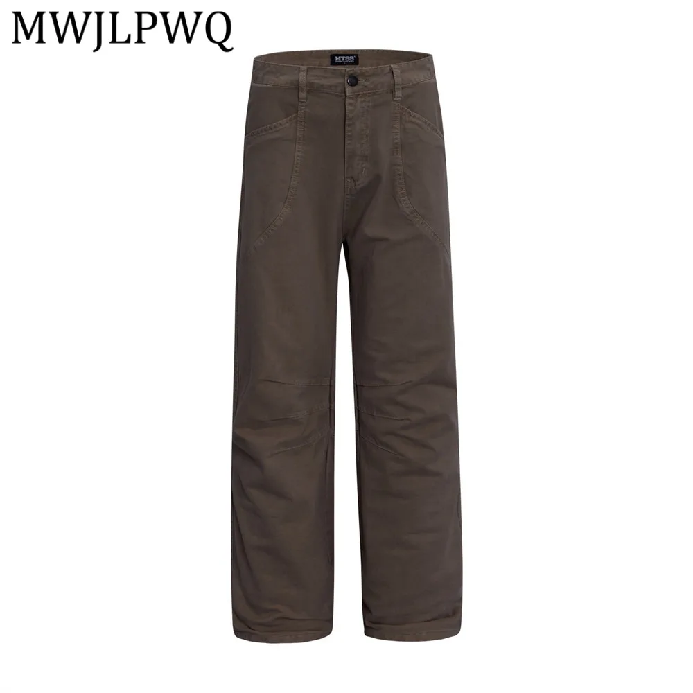 

MWJLPWQ Vibe High Street Design Cargo Trousers Male Trend Pocket Stitching Pleated Loose Casual Wide-Leg Straight Pants 14184