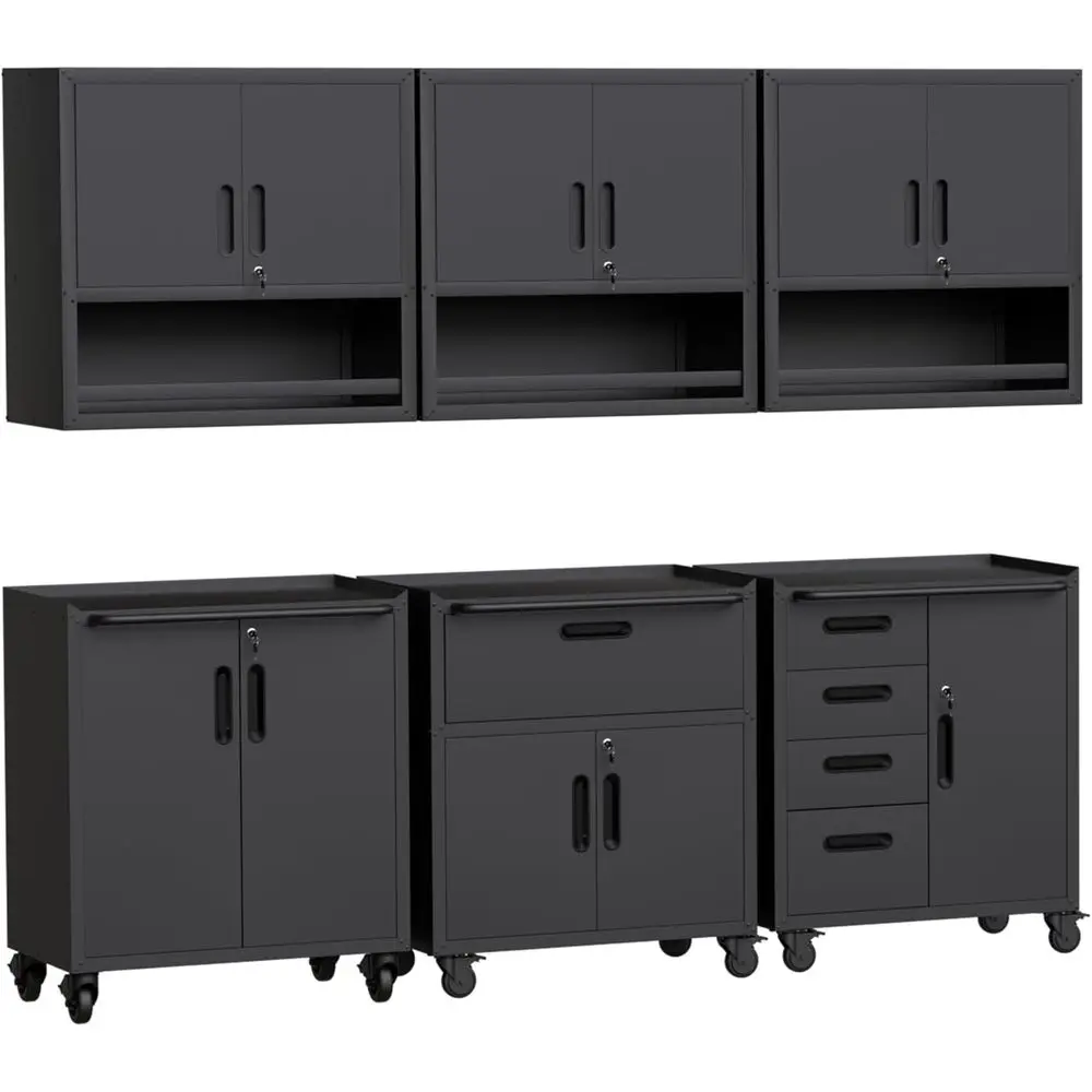 

6-Piece Heavy-Duty Rolling Workshop Storage Cabinet Set with Adjustable Shelves and Locking Cart