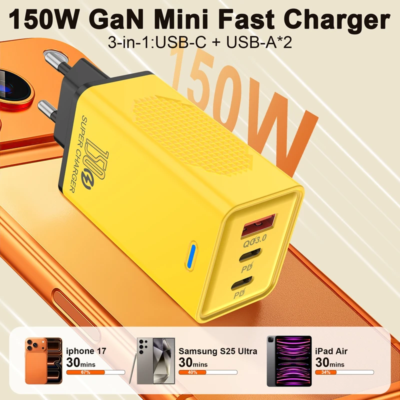 150W Multi Port Charger 12W Power Adapter USB+TYPE Yellow Charging Head for Apple and Huawei Phone Chargers Universal US/UK/EU