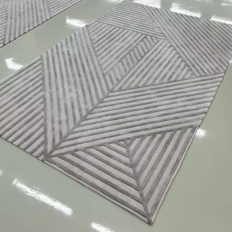 Hand Tufted Bamboo Silk Modern Rug Abstract Lines Pattern Non-Slip Living Room Carpet Bedroom Rug