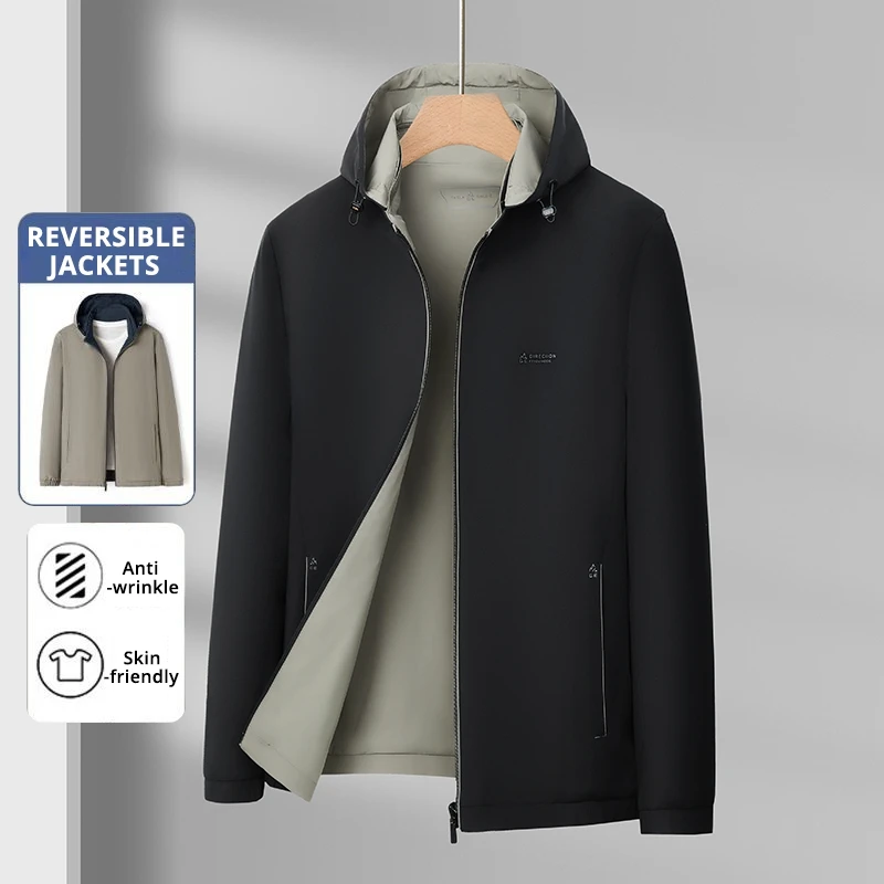 

High End Reversible New Brand Business Casual Fashion Zipper Men Windbreaker Outdoor Jacket Hooded Detachable Cap Autumn Coats