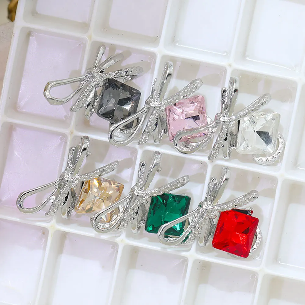 

10PCS Luxury Alloy Bow Nail Art Decoration Supplies Bowknow Square Rhinestone Charms Crystal Diamond Jewelry Parts Accessories