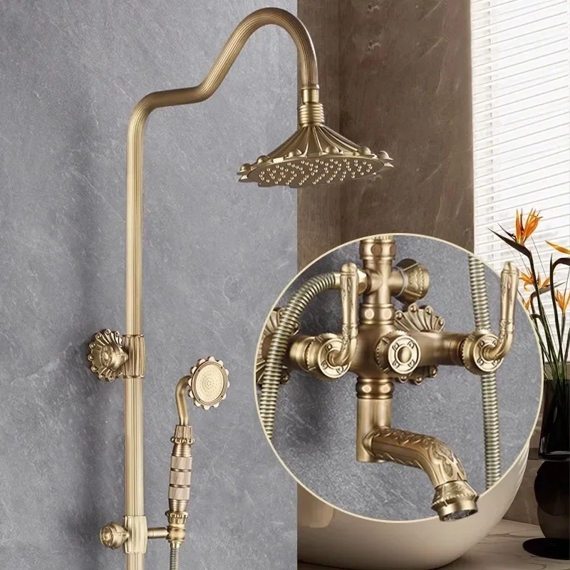 Antique Bronze Carved Bathroom Shower Faucet Set Wall Mounted Bathtub and Shower Faucet Cold & Hot Bath Shower Mixer Tap Brass