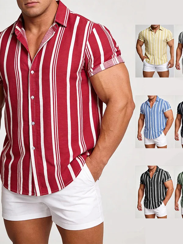 

Мужская повседневная рубашка с коротким рукавом и полосатым принтом, весна-лето, новая модель, свободный крой, из полиэстера, машинная стирка.