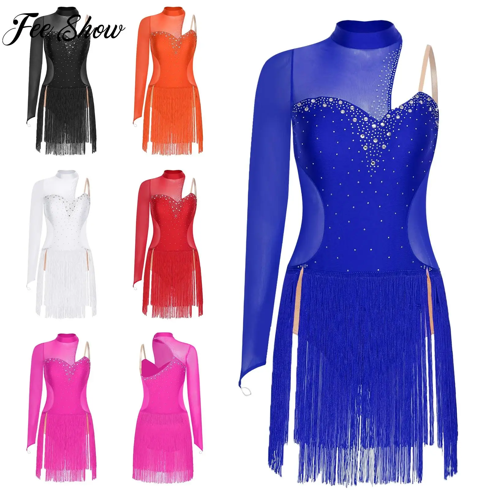 

Women Fringed Sparkling Rhinestones Latin Dancewear Tango Cha-cha Samba Dance Dress Mesh Asymmetrical Dress for Lyrical Skating
