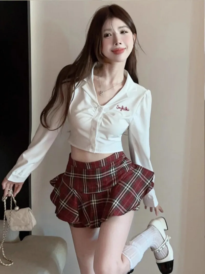 Spicy Girls Academy Lapel Top Plaid Skirt Two Piece Set Women Flounce Single Breasted Print Fashion Korean Slim Summer Girl Suit