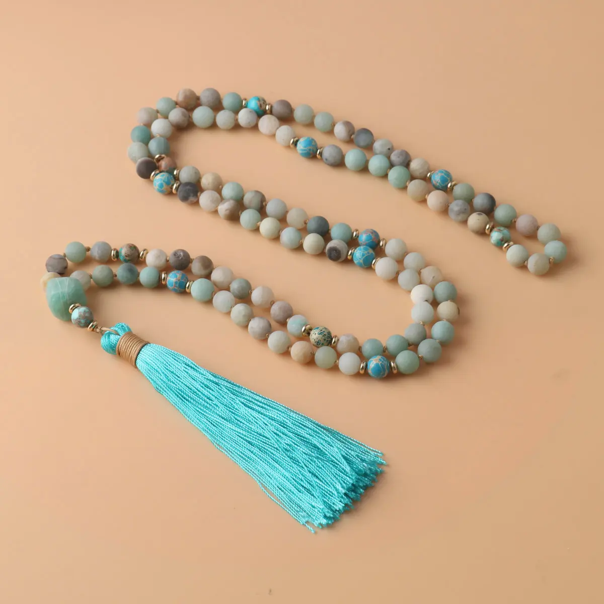 108 Japa Mala Necklace For Women Men Natural Stone Amazonite Beads Tassel Yoga Energy Meditation Necklace Blessing Jewelry