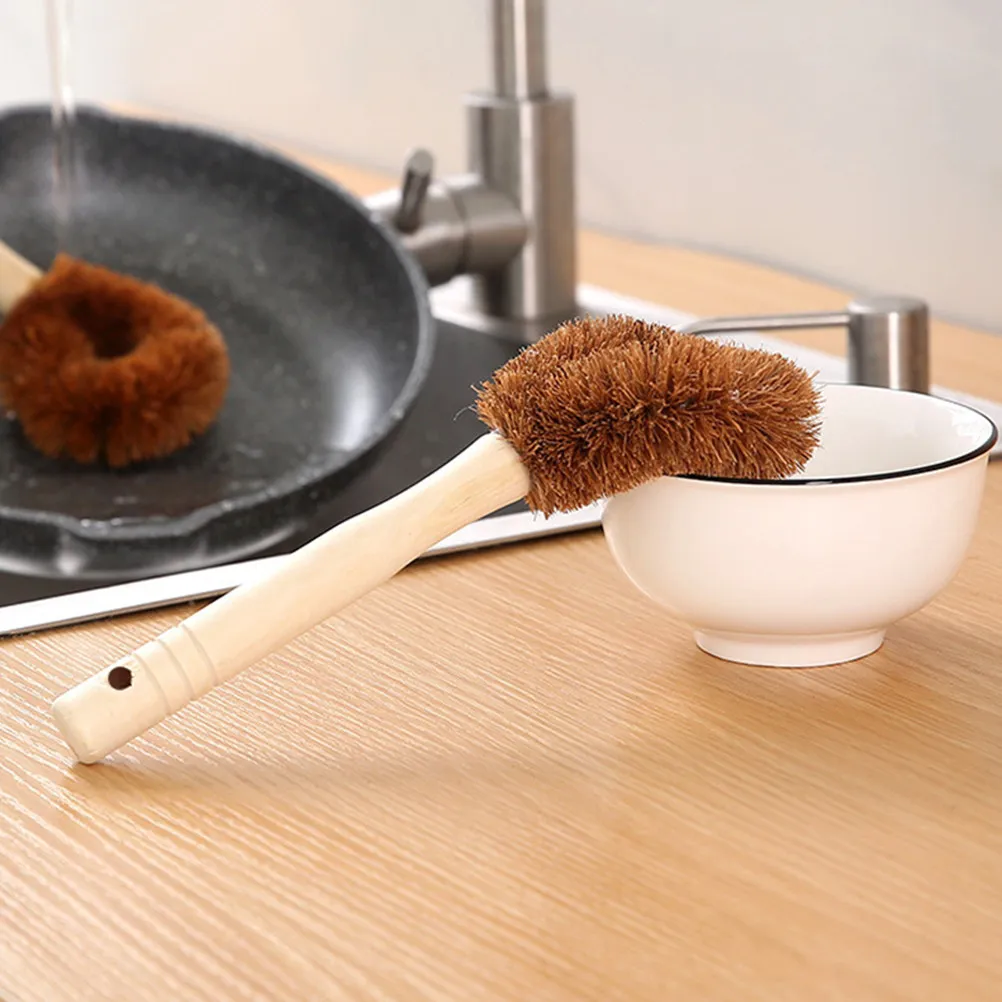 4Pcs Premium Coconut Palm Pot Cleaning Brush with Long Handle Nonslip Grip Hang Hole Design for Pan Sink Bathroom Cast Iron