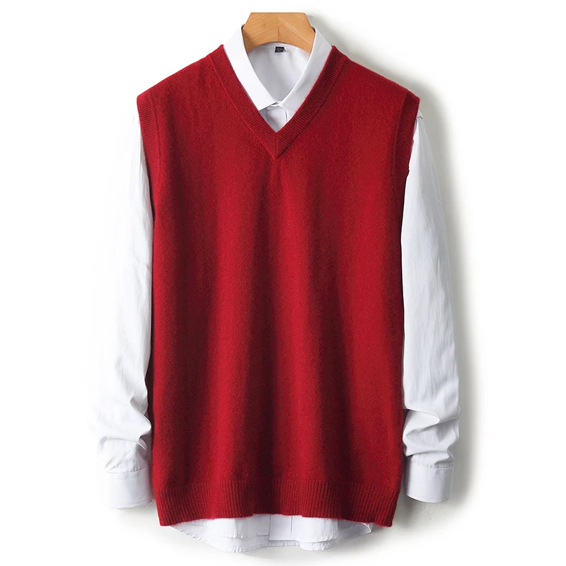 2024 autumn and winter new 100% pure wool men's V-neck sleeveless vest casual vest bottoming sweater.