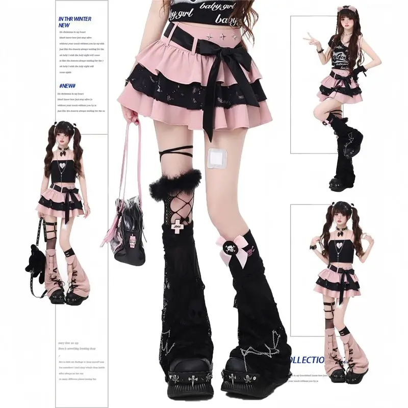 

Bow Bandage Skirts for Women Pleated Jupe Faldas Mujer Grunge Subcultural American Streetwear 2025 New Pink Skirt Cake