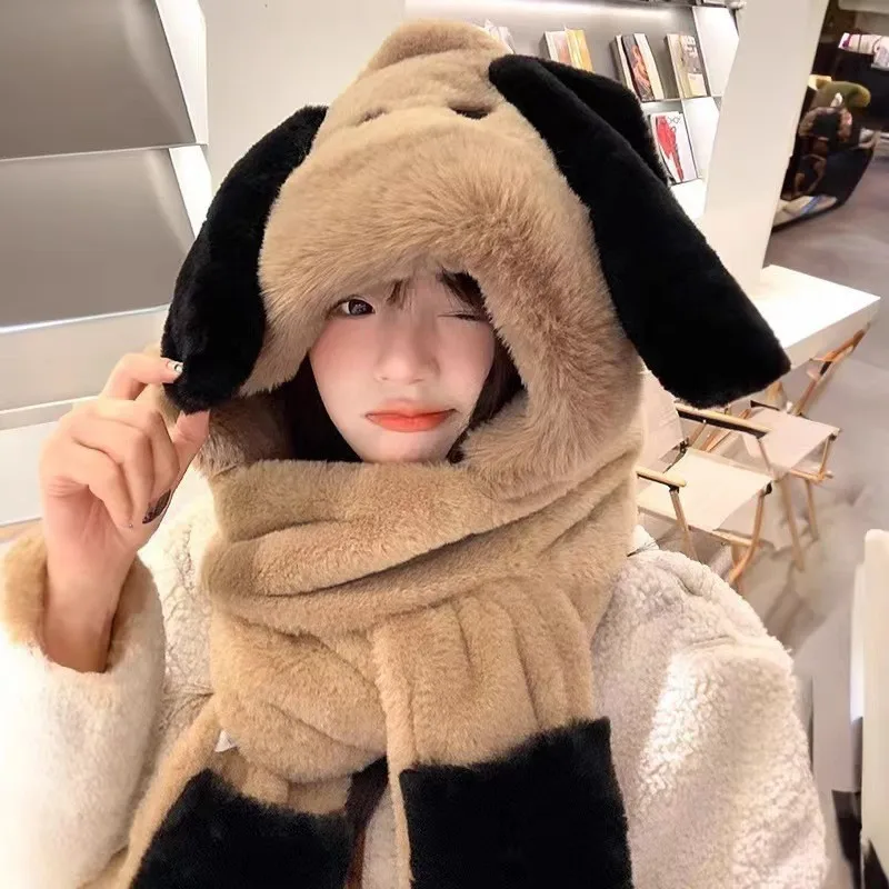 Cute puppy plush scarf, gloves, one-piece hat, women's autumn and winter cartoon warm riding ear protection hat, fashionable hat