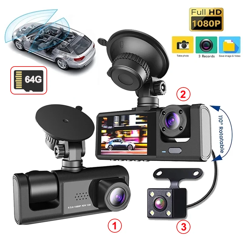 3 Channel Dash Cam for Cars Camera HD 1080P Video Recorder Dashcam DVR Black Box Dual Lens DVR with Rear View Camera for Vehicle