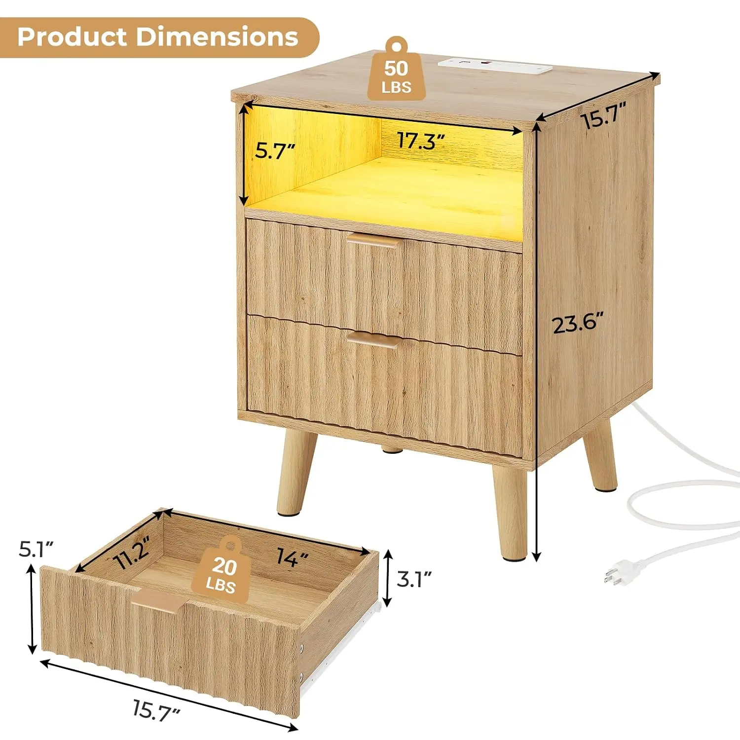 Fluted Nightstand Set of 2 Charging Station & LED Lights Drawer & Open Storage Gold Handle Bedroom Bed Side Table Natural Oak, C