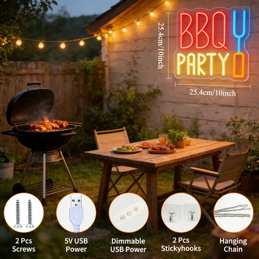 BBQ Party LED Neon Sign Dimmable USB Wall Light Grill Shape for Backyard Restaurant Family Gathering Patio Bar Club Lounge Decor