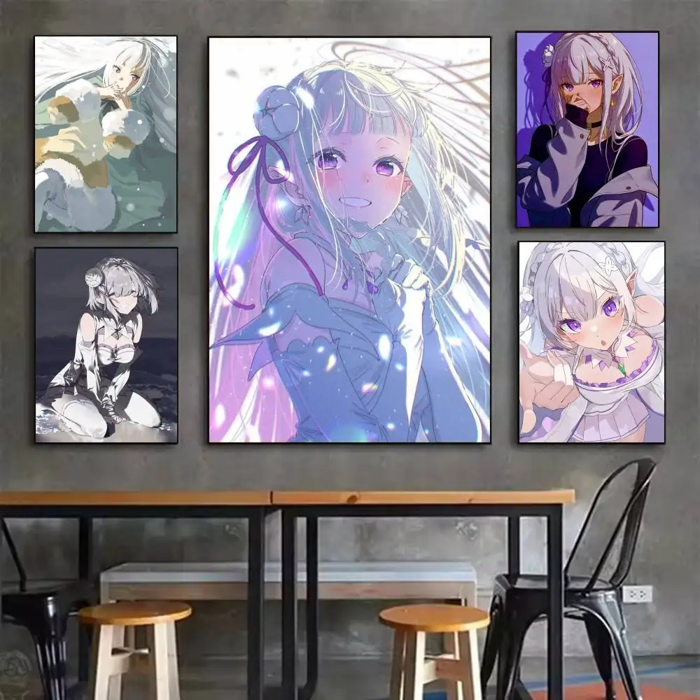 Cute Emilia  Re Zero Anime Girl  Poster Waterproof HD Art Wall Decal Self-Adhesive Print