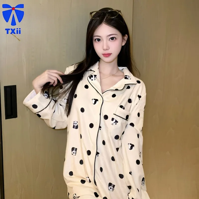 Dot Panda Pajamas Trousers for Women Autumn French Style Island Velvet New Year suit Winter fleece-lined Thickened Home Clothes