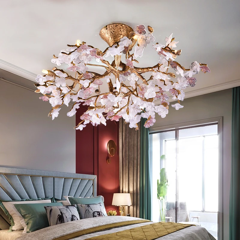 French romantic bedroom living room family led chandelier retro creative pink flower copper branch Design Art Chandelier