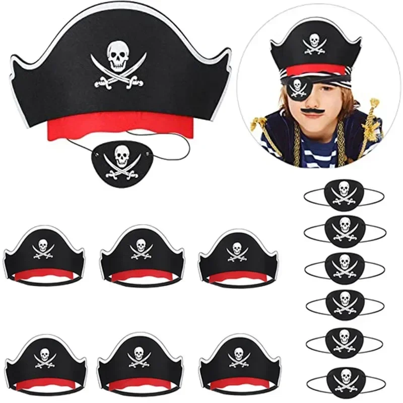 12 PCS Pirate Hat One-Eye Sticker Skull Pattern Halloween Captain Pirate Costume Cartoon Children Birthday Party Decoration