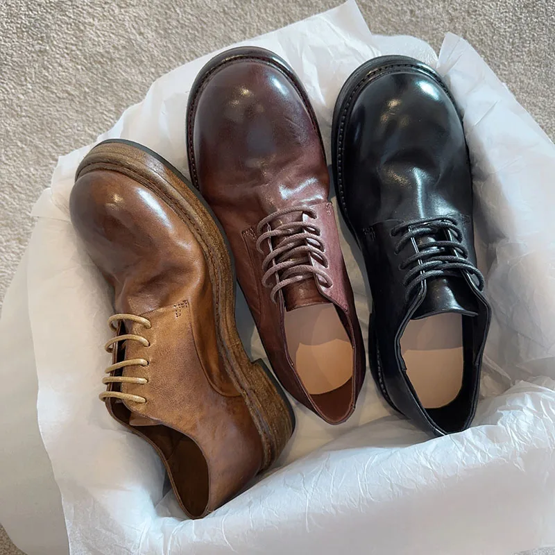 Washed Retro Vintage Made Small Leather Shoes Women's Genuine Leather Mid Heeled Derby Style Oxford Single Shoes
