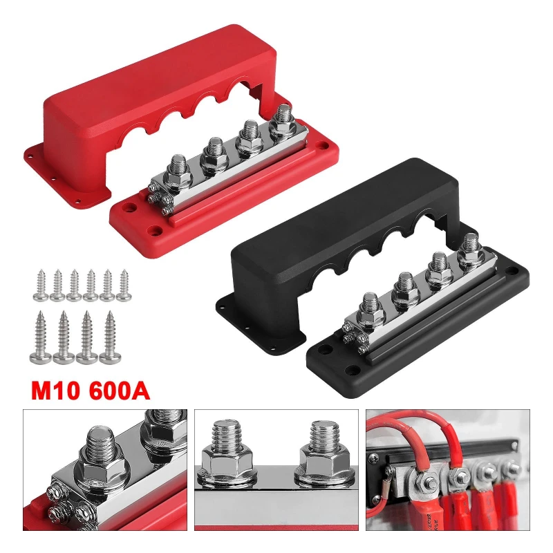 Bus Bar Terminal Block Car M10 5 Way Busbar Terminal Block Power Distribution Block For RV Car Boat Yacht Truck  600A 12V-48V DC