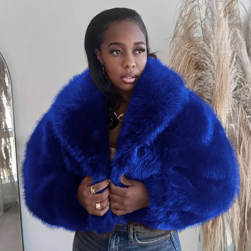 

KEXU New Autumn Winter Collar Faux Fur Short Jacket Long Sleeve Warm Women Coat