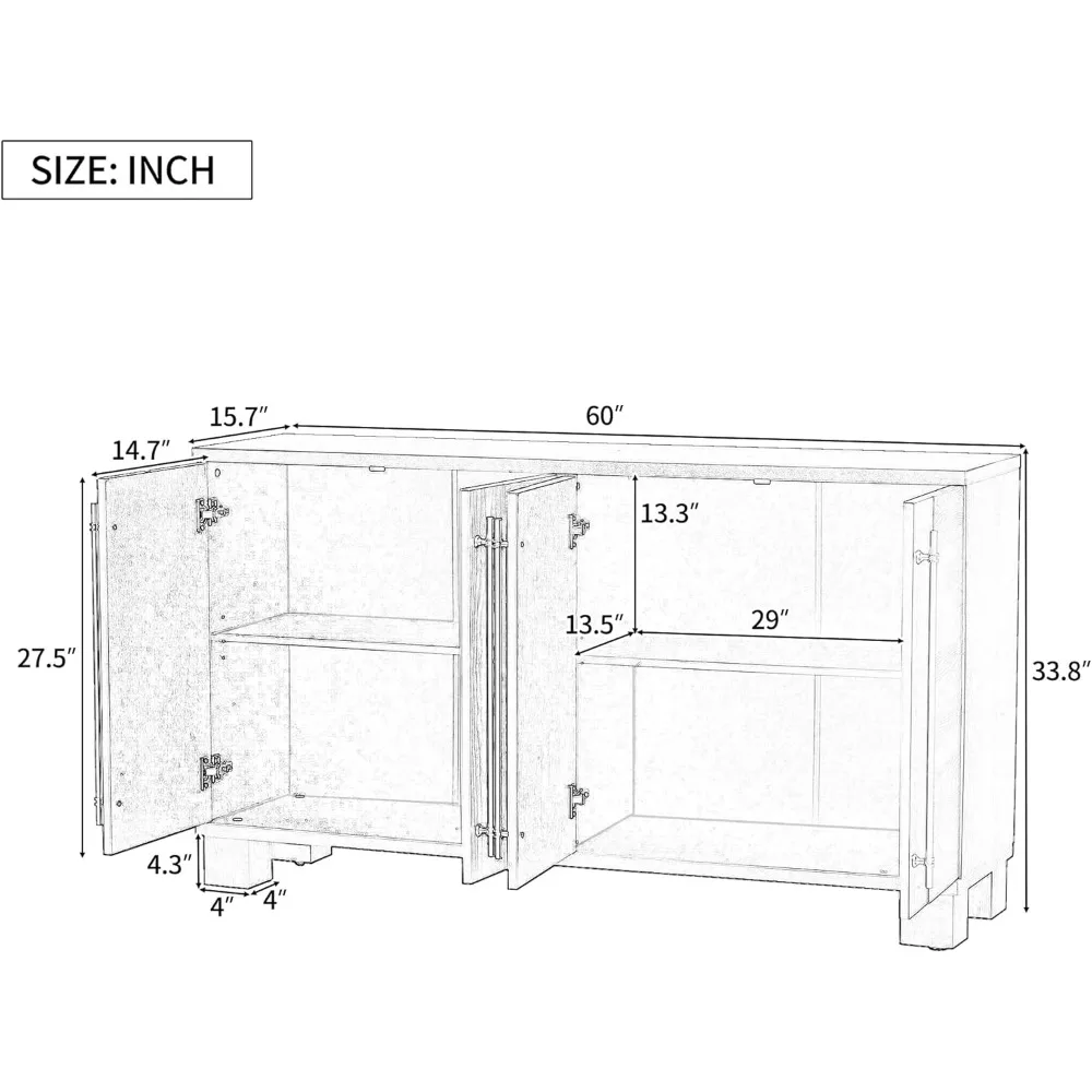 Modern Gold Handles Storage Sideboard with Adjustable Shelf, Solid Wood Cabinet, Kitchen Cupboard Buffet Cabinet