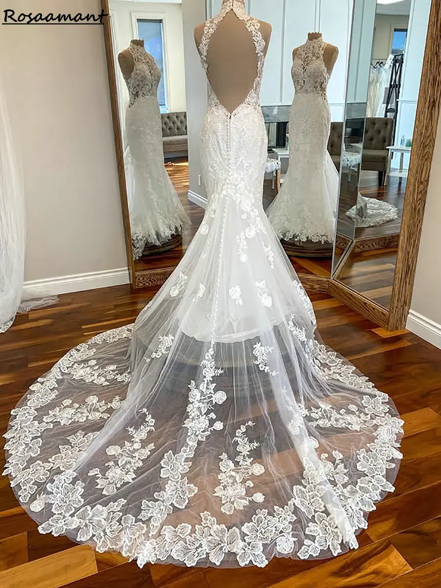 Charming Illusion Halter Open Back Mermaid Wedding Dresses Sleeveless Appliques Lace Country Bridal Gowns