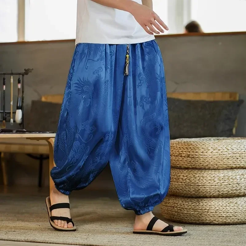 Male Outdoor Brand Pants For Men Lce Silk Dragon Dark Flower Loose Bloomers High Quality Wide Leg Casual Trousers