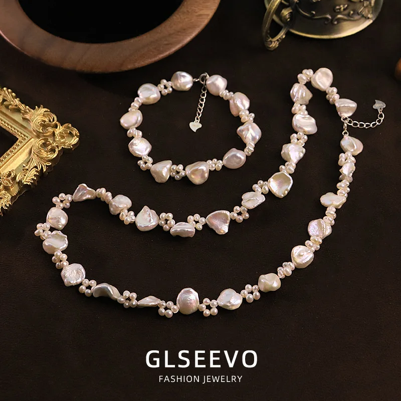 Natural Pearl Flower Braided Necklace Bracelet Set A Delicate And Unique Design Women A Versatile Accessory