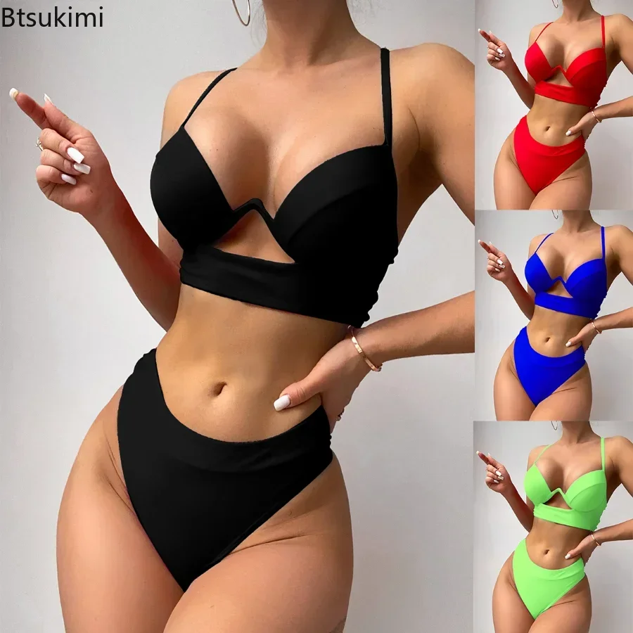 

New Sexy Push Up Bikinis Solid Swimsuits Women Cut Out Swimwear Summer Lace Up Biquinis Set Spaghetti Strap Bathing Suits Female