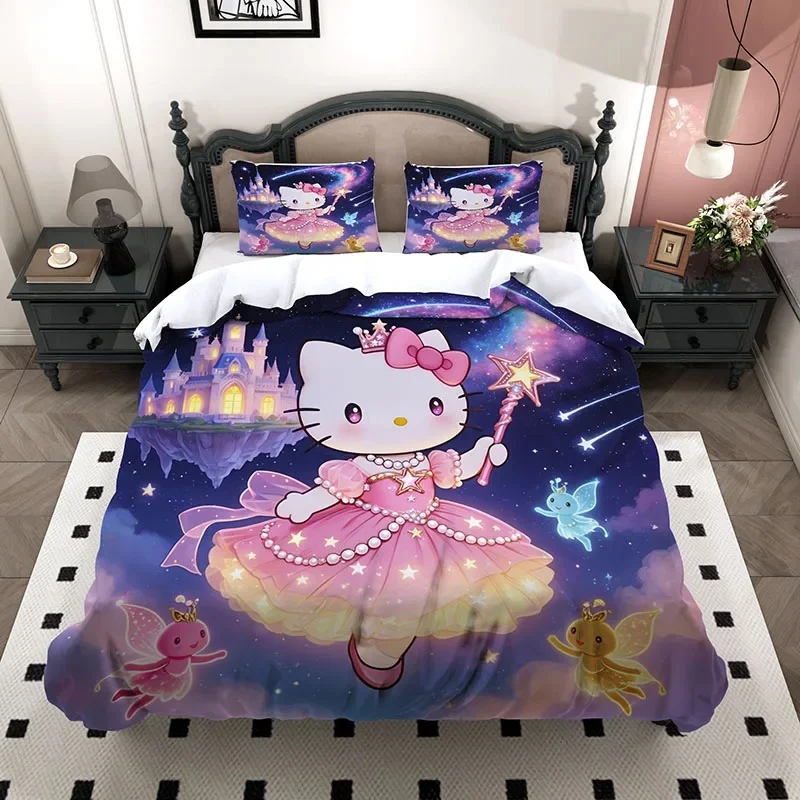 Vibrant Princess Hello Kitty 3 Piece Bedding Set, 3D Magic Wand Star Castle Fairy Kitty Microfiber Duvet Cover And 2 Pillowcases