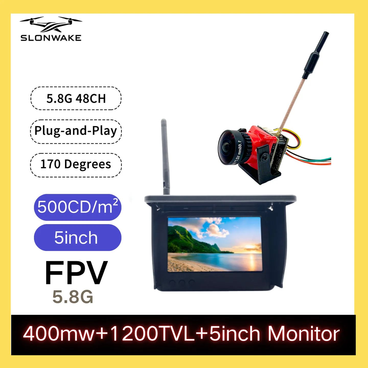 

SLONWAKE 5.8G 48CH FPV 400mw VTX 1200TVL Camera 5inch Monitor for Racing Drones, RC Cars and Model Aircraft Fixed-Wing Dro