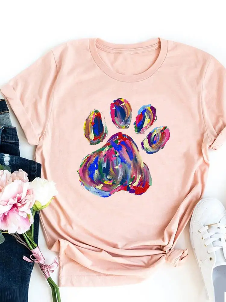 

Watercolor Paw Trend Cat Dog 90s Graphic T-shirt Women Basic Tee Fashion Print T Shirt Short Sleeve Ladies Clothes Top Clothing