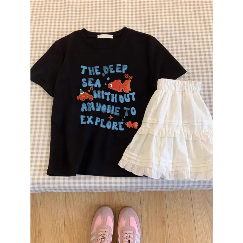 

Bla Casual Cotton T-irt Women's Summer Loose ort Sve Printed Fi Letter Top Pure Cotton Base Layer T-irt