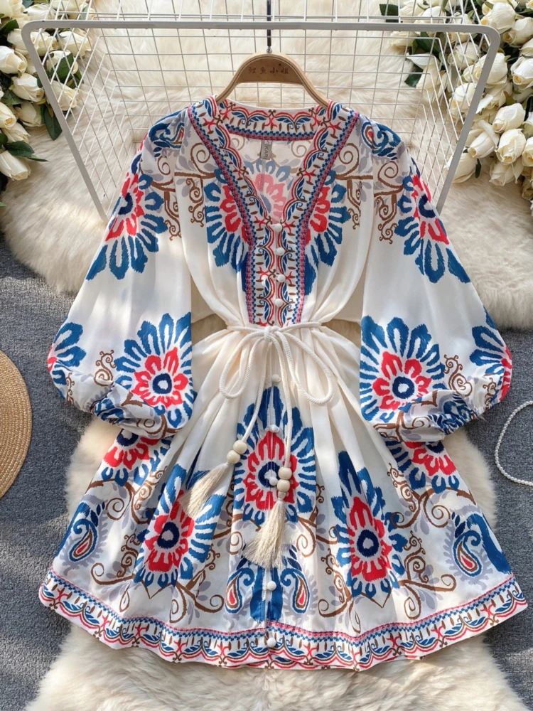 

Bohemian Printed Dress Women Vintage Lantern Sleeves Printed Beach Dresses Ladies Spring Autumn Short Dress with Belt